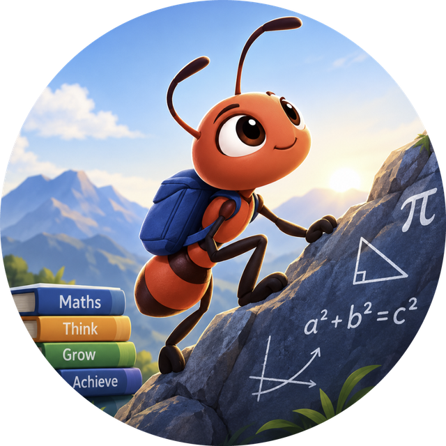 Little Ant Math mascot: an ant with a backpack climbing a rock covered in maths formulas